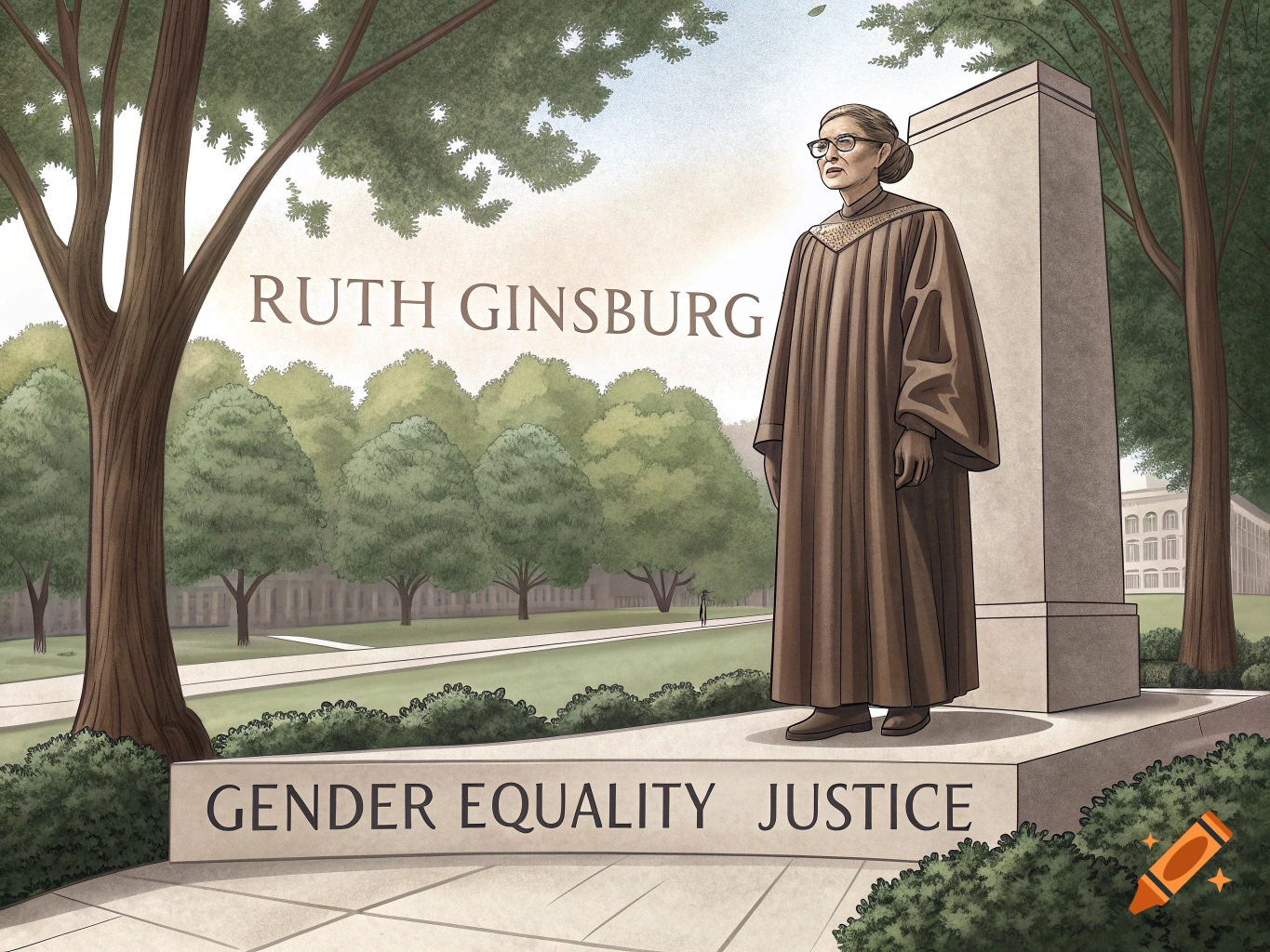 Illustration of a monument with a statue of Ruth Ginsburg and text 'Ruth Ginsburg Gender Equality Justice' in a park