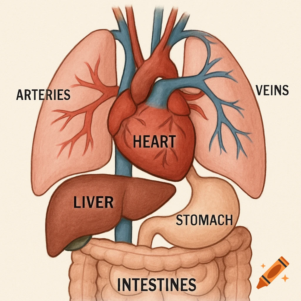 Diagram of human heart, lungs, liver, stomach, and intestines with labels