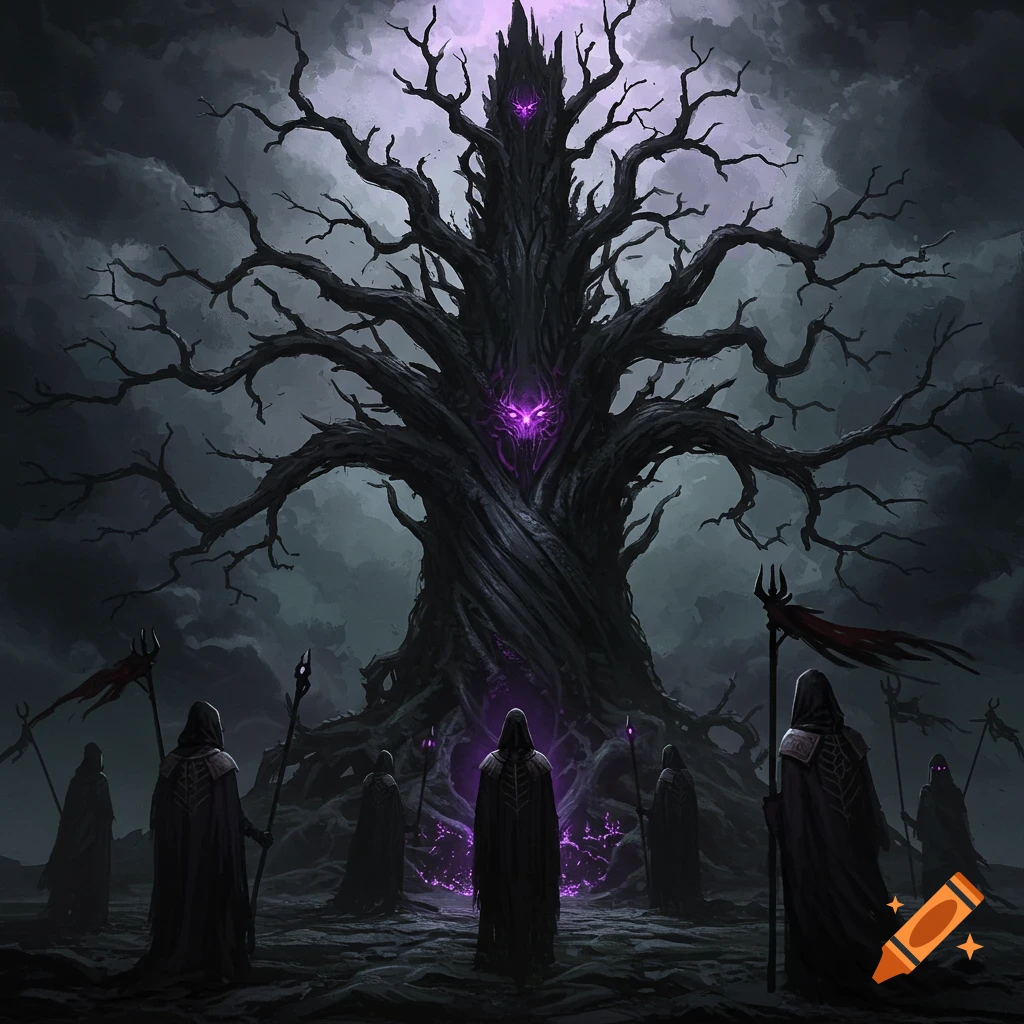 A dark, twisted tree with glowing purple eyes stands in a desolate landscape, surrounded by cloaked figures under a cloudy sky.