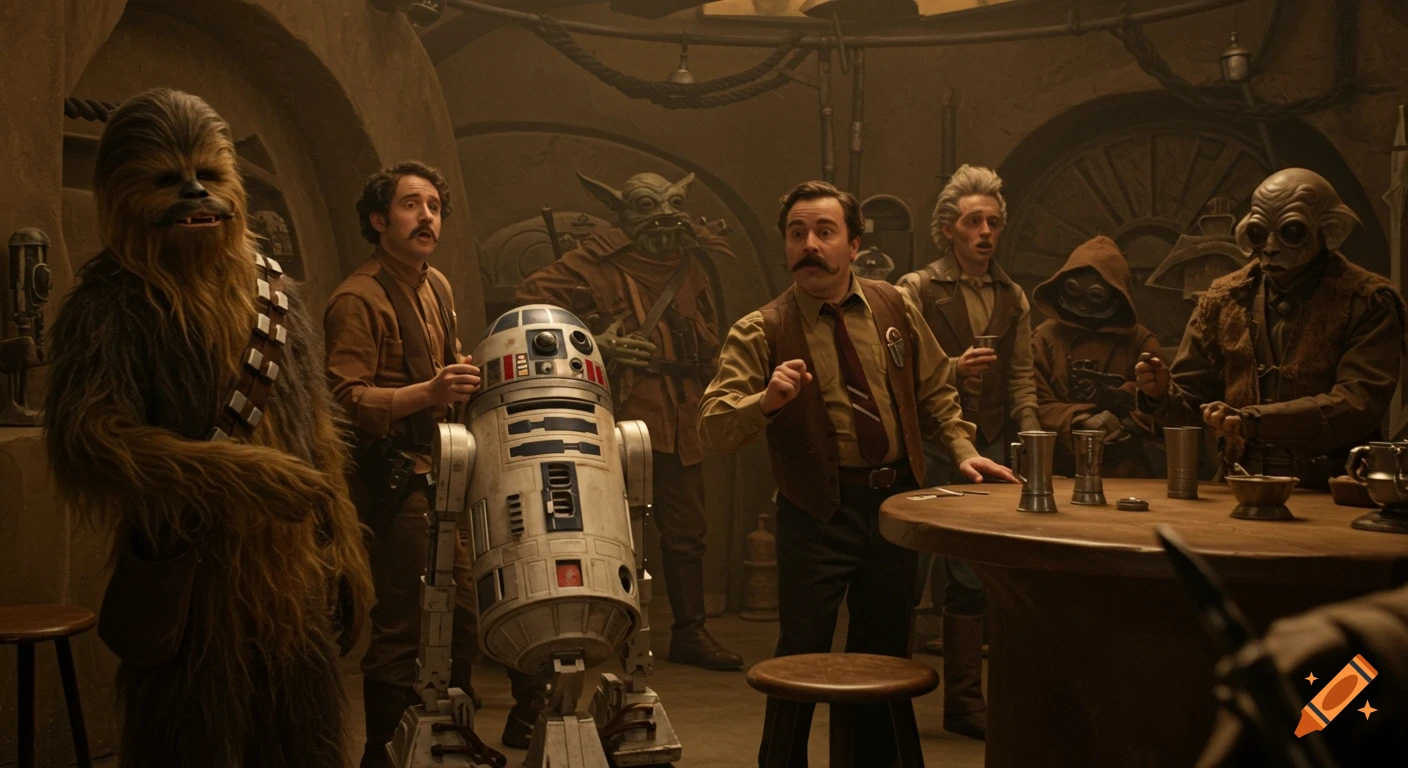Star Wars characters including a Wookiee, R2-D2, and aliens in a cantina