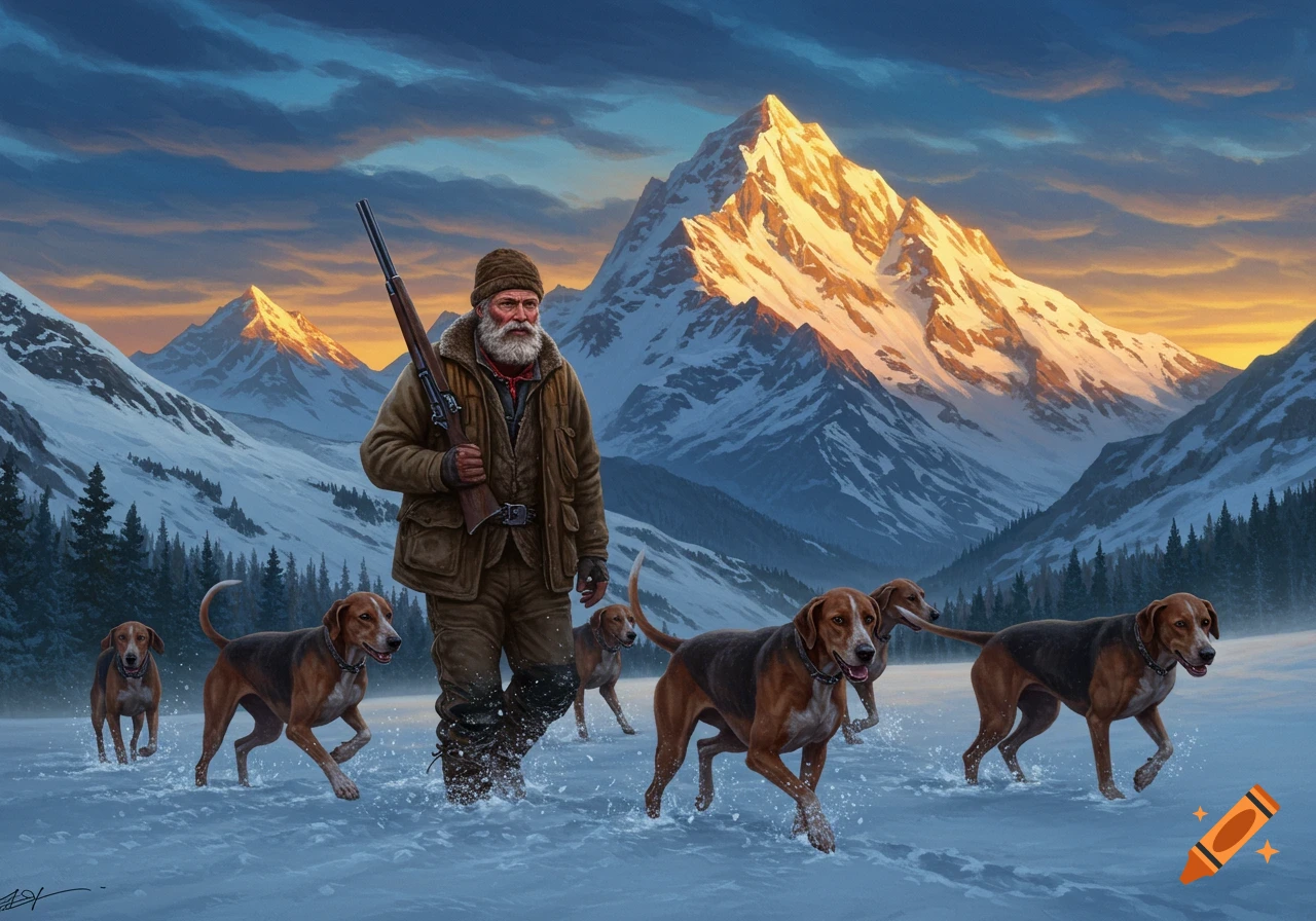 Man with beard and rifle leads walker hounds through snowy mountains at sunset