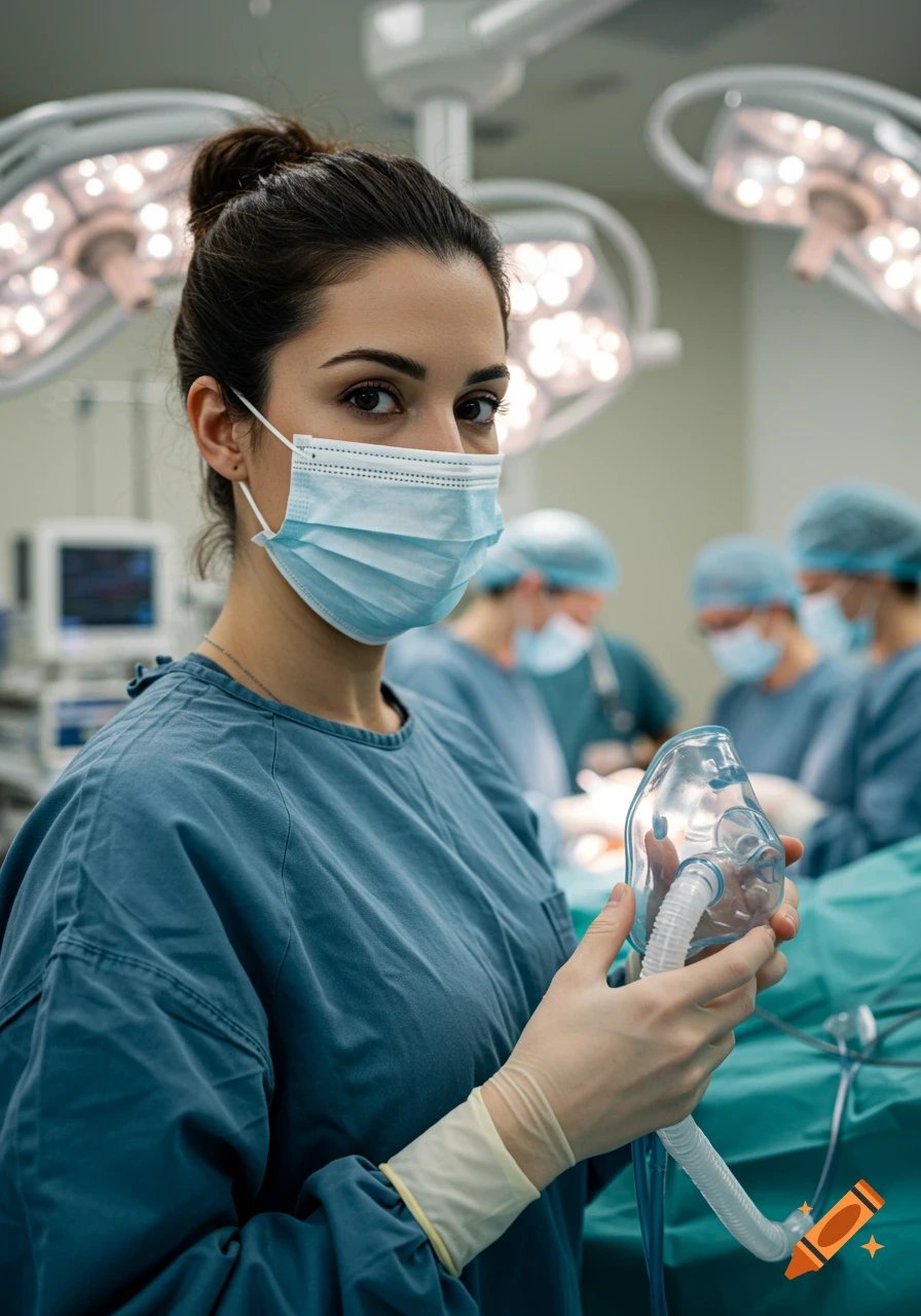 A female anesthesiologist in an operating room holds an oxygen mask, wearing a surgical mask and scrubs.