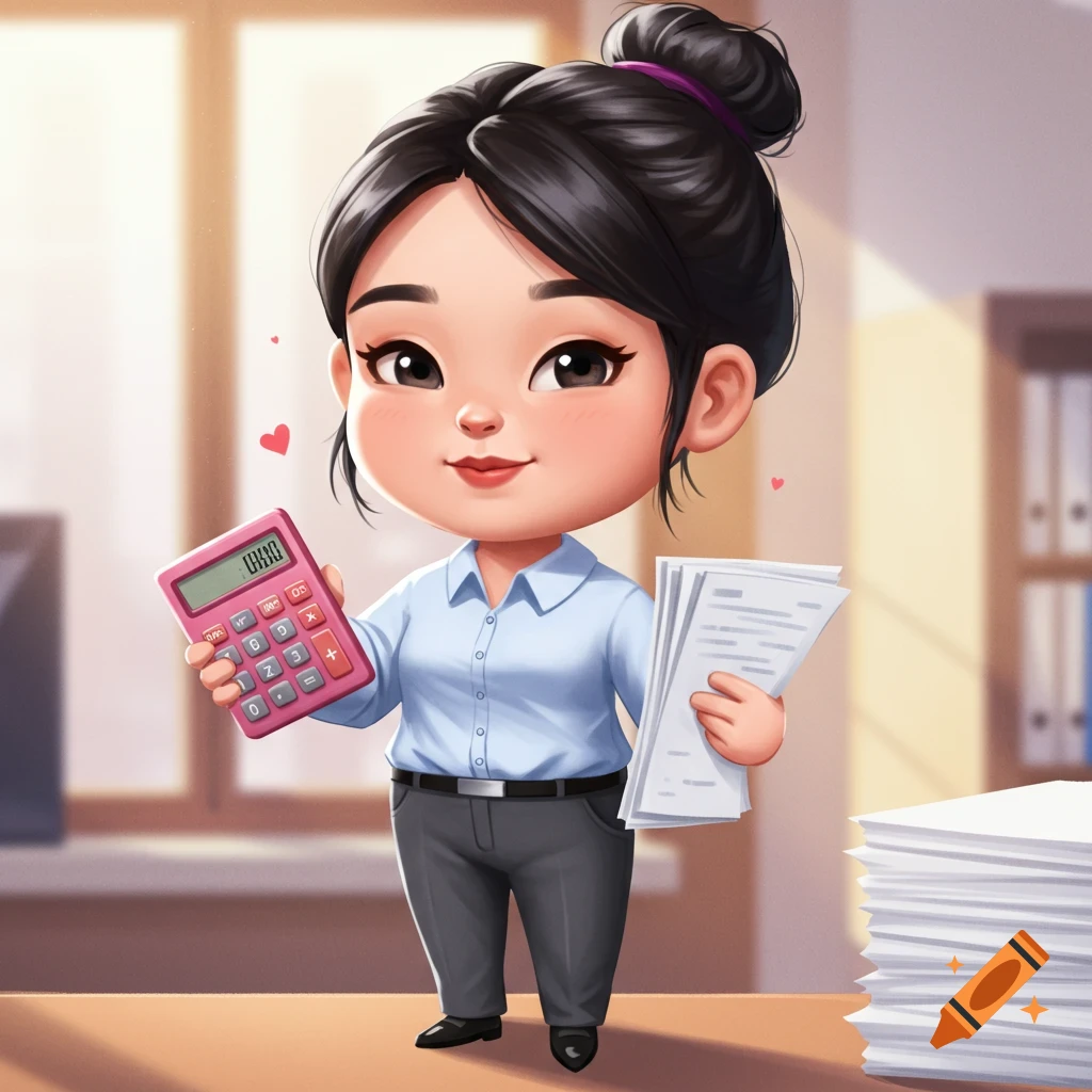 Cute chibi-style illustration of a woman in an office holding a calculator and papers.