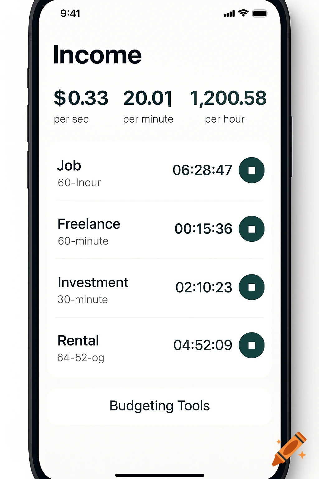 A phone screen displaying an income tracking app interface with per second, minute, and hour income rates.