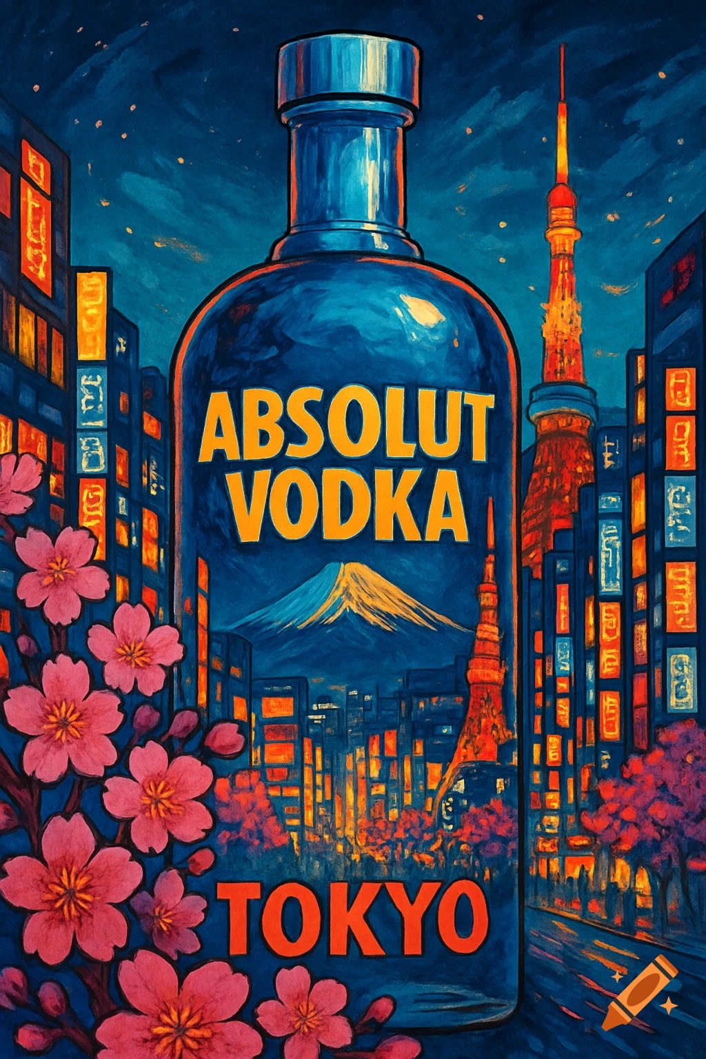 An Absolut Vodka bottle in Tokyo with Mount Fuji, Tokyo Tower, and cherry blossoms.