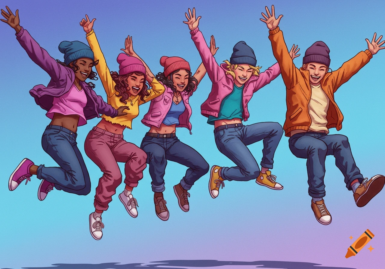 A diverse group of friends wearing beanie hats jump into the air, smiling. Digital painting.