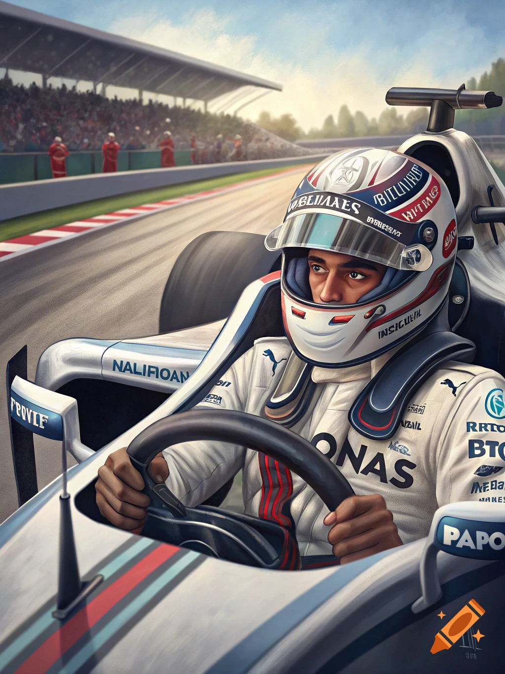 Painted portrait of a race car driver in a white F1 car on a track