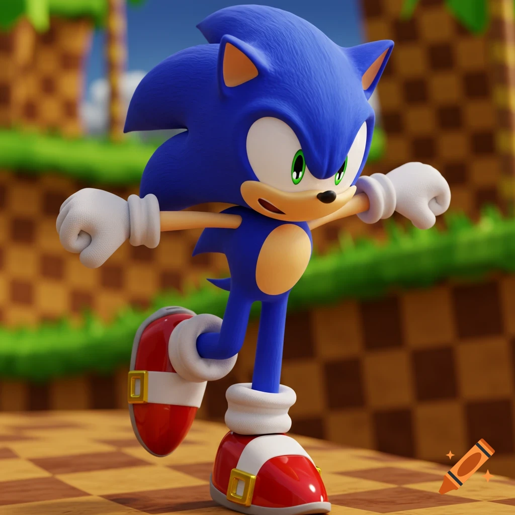 3D render of Sonic the Hedgehog running in the Green Hill Zone