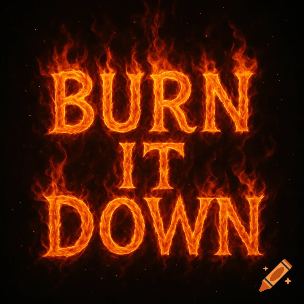 Fiery text spelling 'BURN IT DOWN' against a black background.