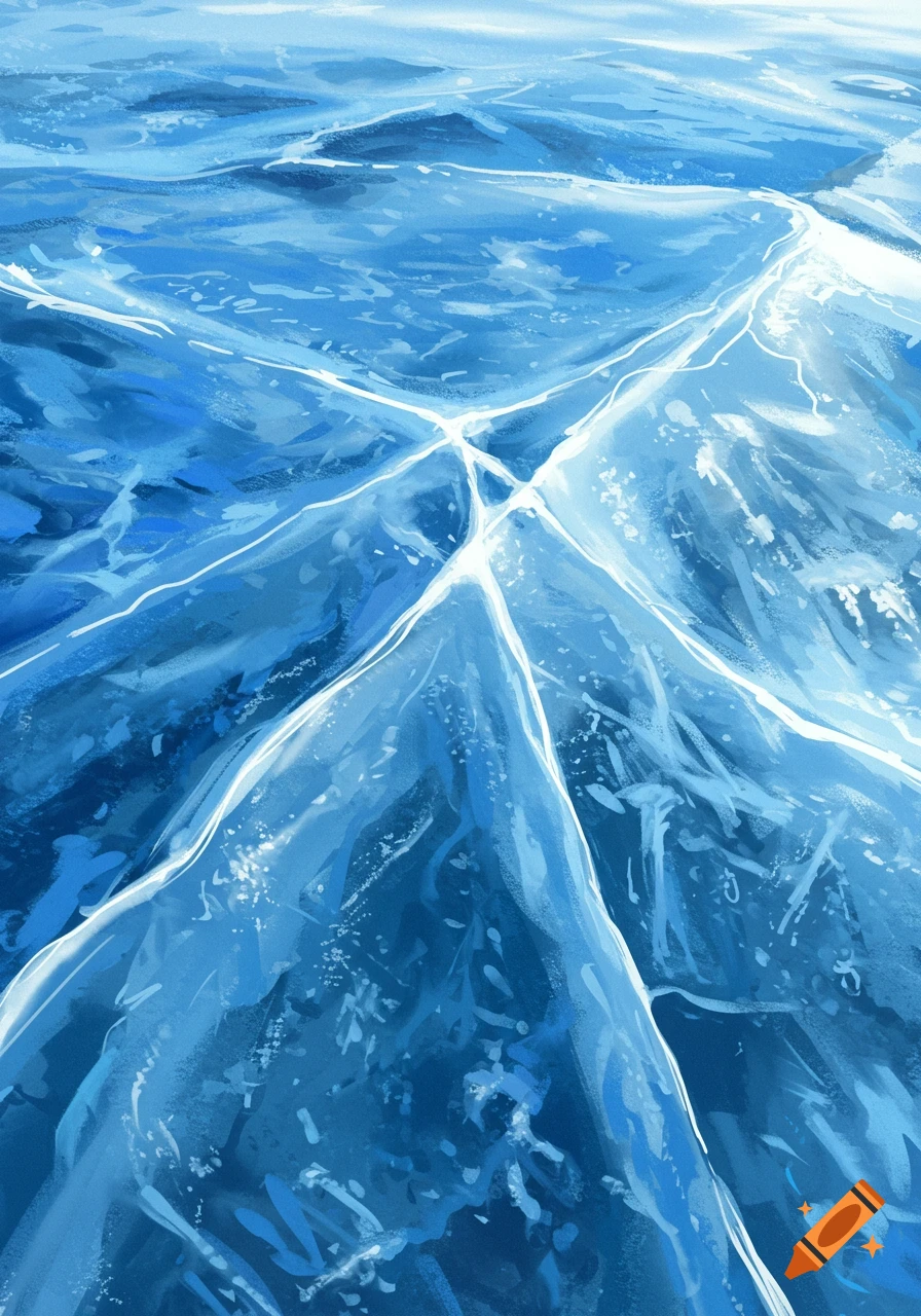 Close-up view of cracked blue ice with light reflecting off the surface.