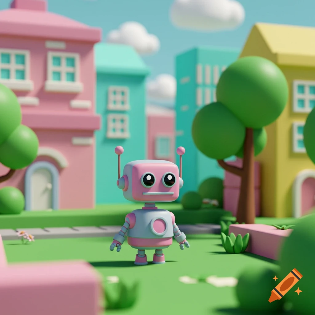 A cute pink and grey robot stands in a colorful cartoon town with buildings and trees, in a game art style.