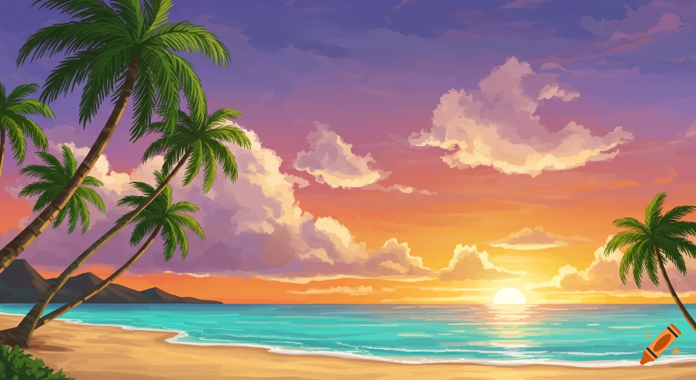 A tropical beach at sunset with palm trees