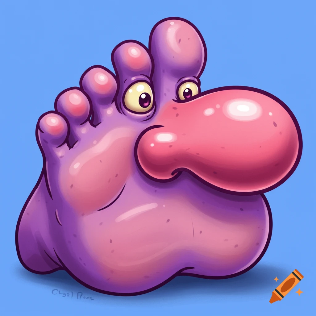 A purple cartoon foot monster with a big pink nose and eyes.