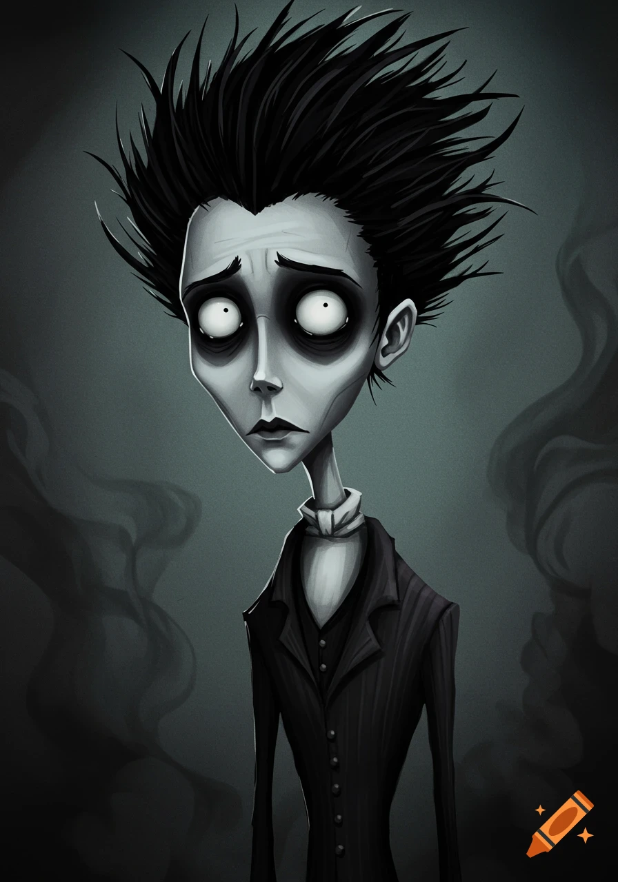 A Tim Burton styled portrait of a person with large eyes and spiky hair.