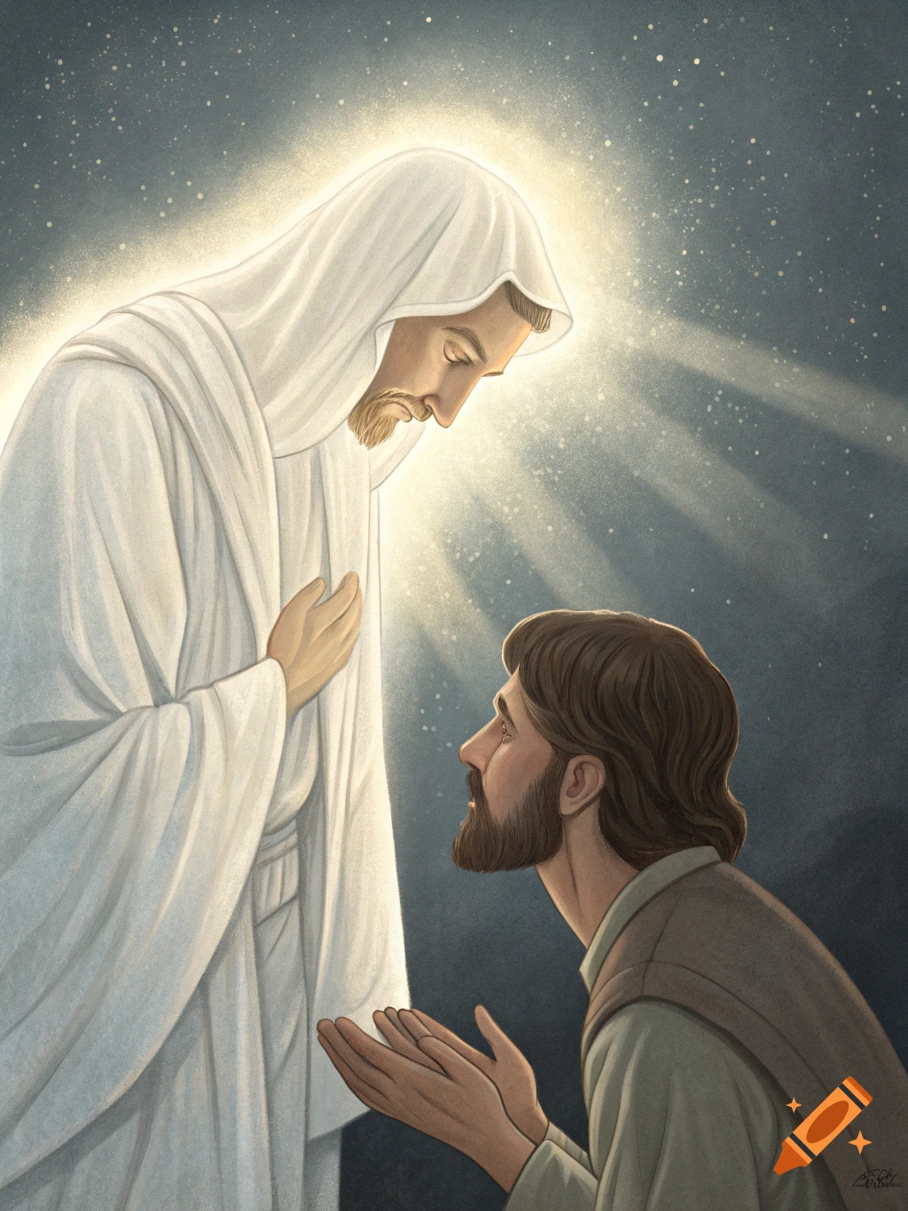 Illustration of a Jesus figure in white robes bending towards a kneeling man bathed in light.