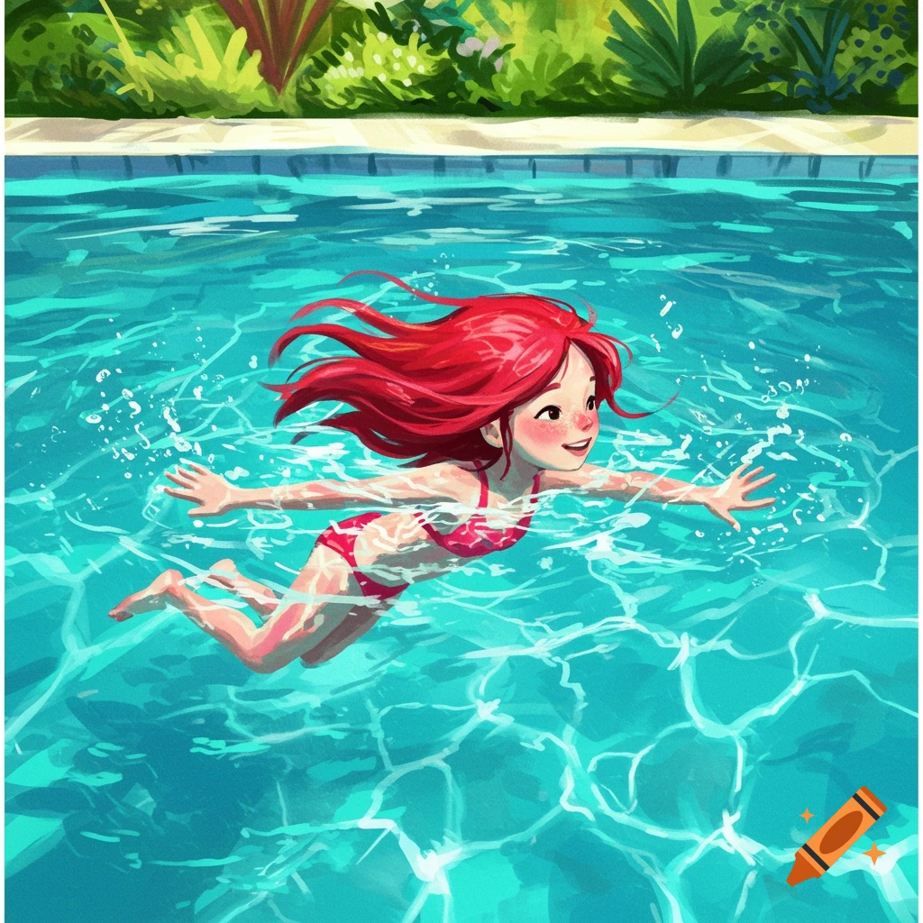 Illustration of a red-haired girl swimming in a turquoise pool.
