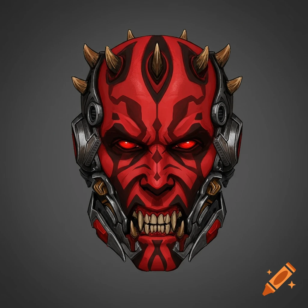Darth Maul inspired robot head with red and black patterns and cybernetic features.