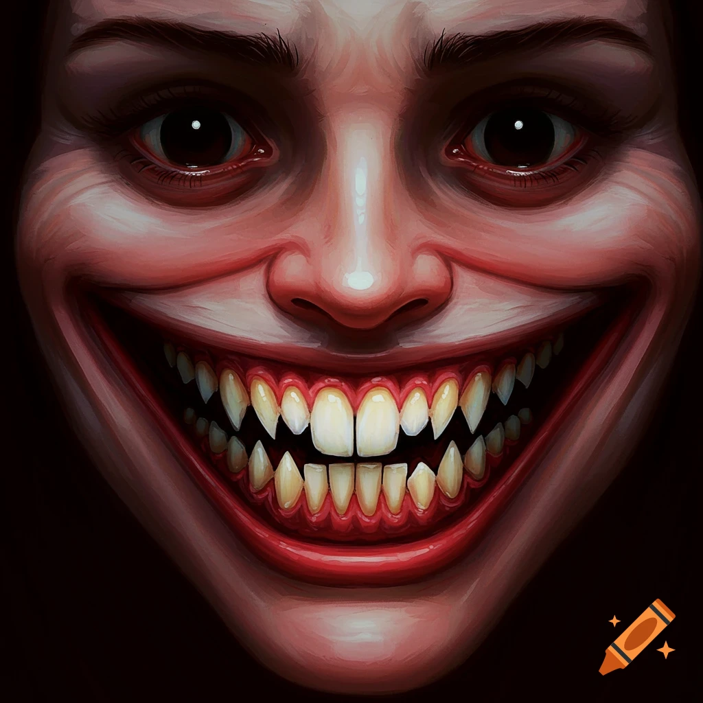 Close-up of a terrifying face with wide eyes and a distorted smile showing sharp teeth.