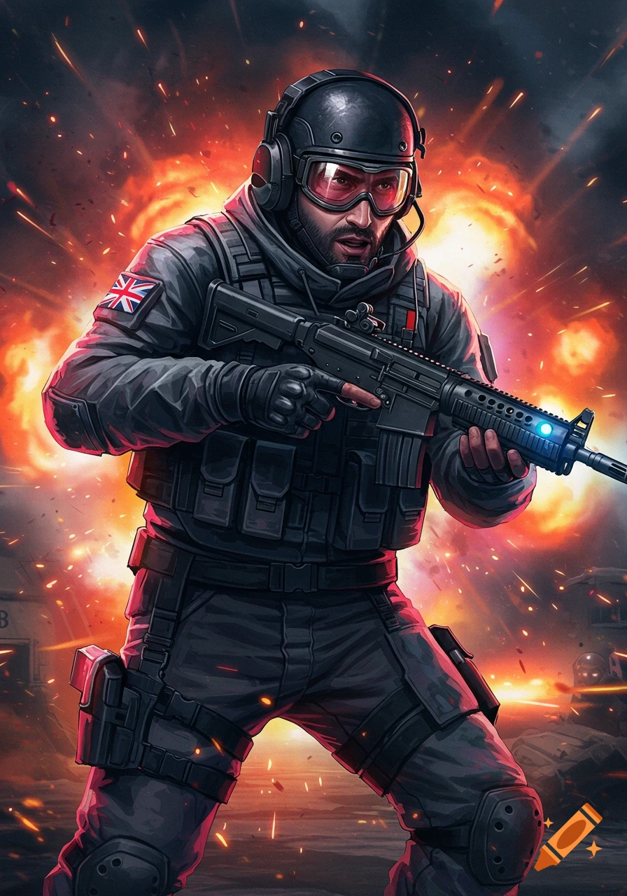 Digital painting of a soldier in tactical gear holding a rifle with explosions in the background.
