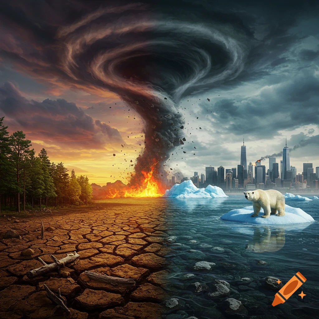 Climate change scene depicting a tornado, fire on dry land, melting ice, a polar bear, and a city under a stormy sky.
