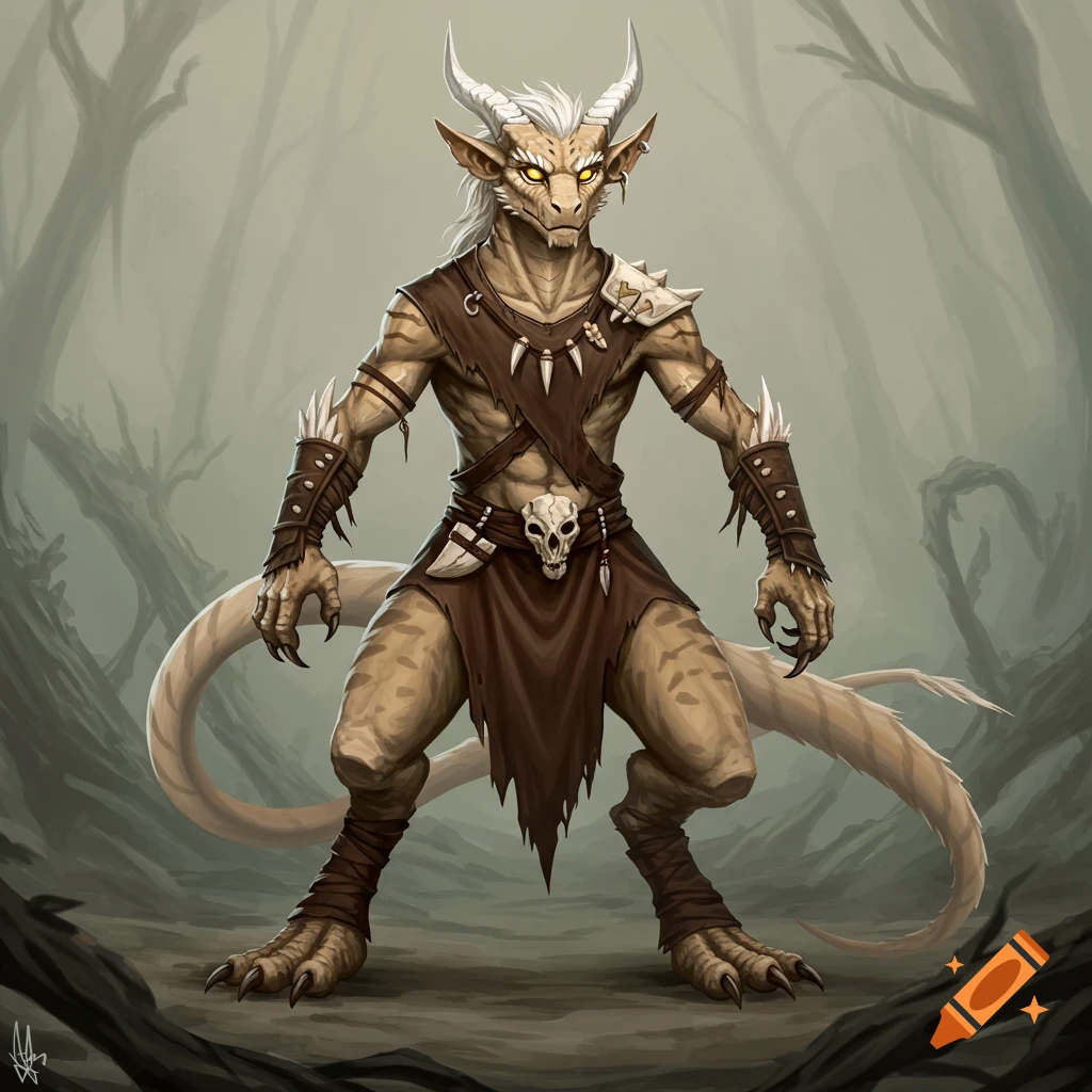 A draconic-feline humanoid in tribal clothing stands in a misty forest.
