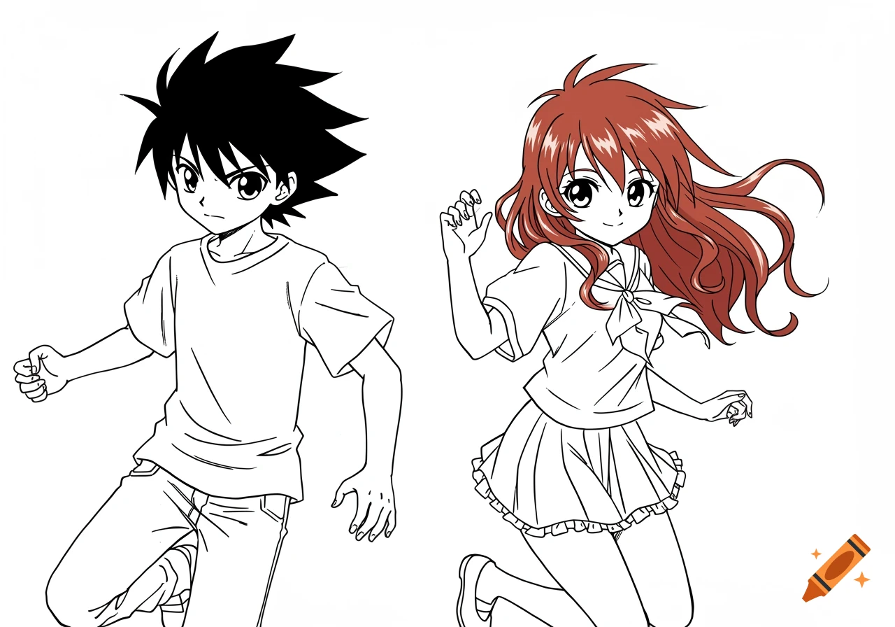 Anime boy and girl jumping in a black outline drawing with some color.