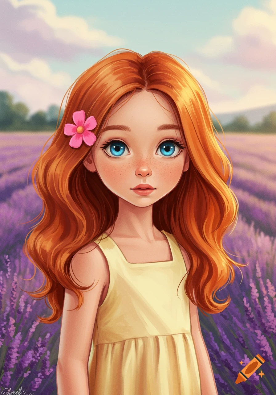 Digital painting of a young girl with red hair and blue eyes standing in a lavender field.