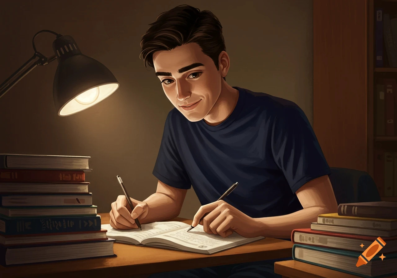 A young man with dark hair writes in a book at a desk under a lamp, surrounded by stacks of books. Digital illustration style.