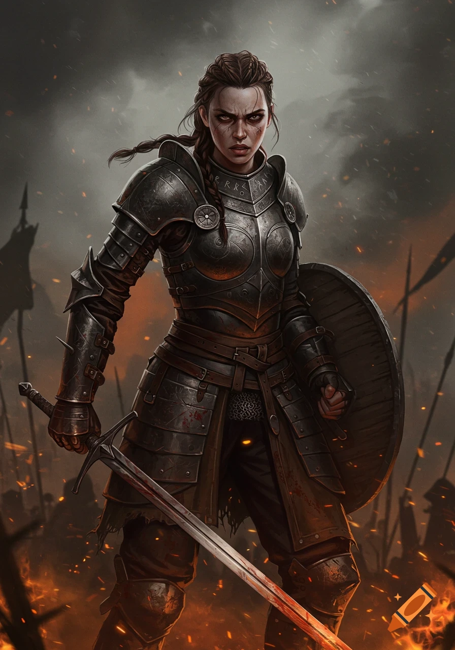 A warrior woman in dark armor holds a bloody sword and shield on a fiery battlefield.