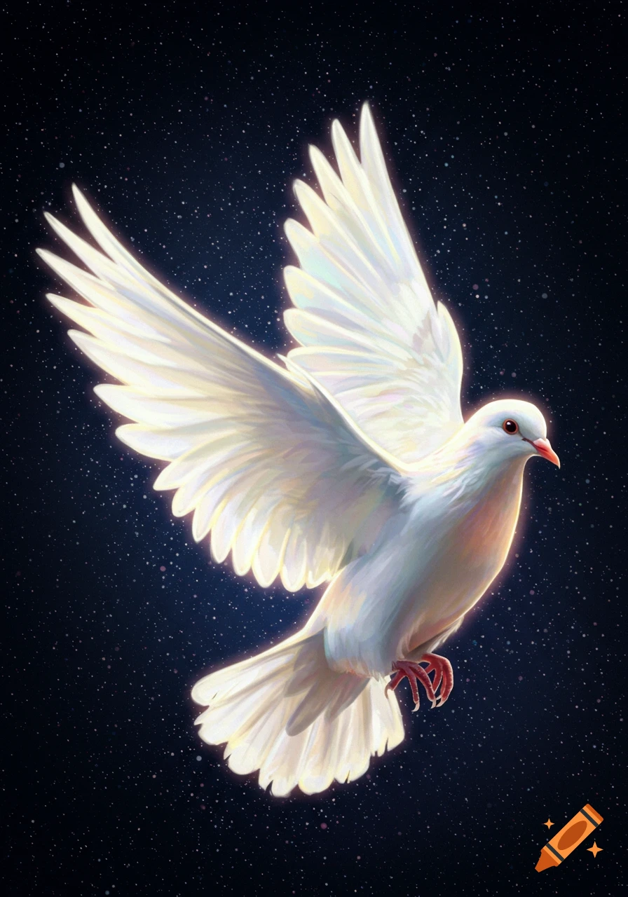 A luminous white dove flies with spread wings against a dark, starry background, digital painting.