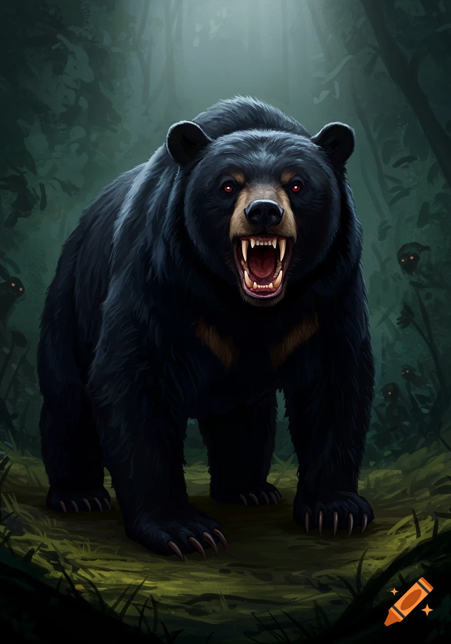 A black bear with bared teeth and red eyes in a dark forest