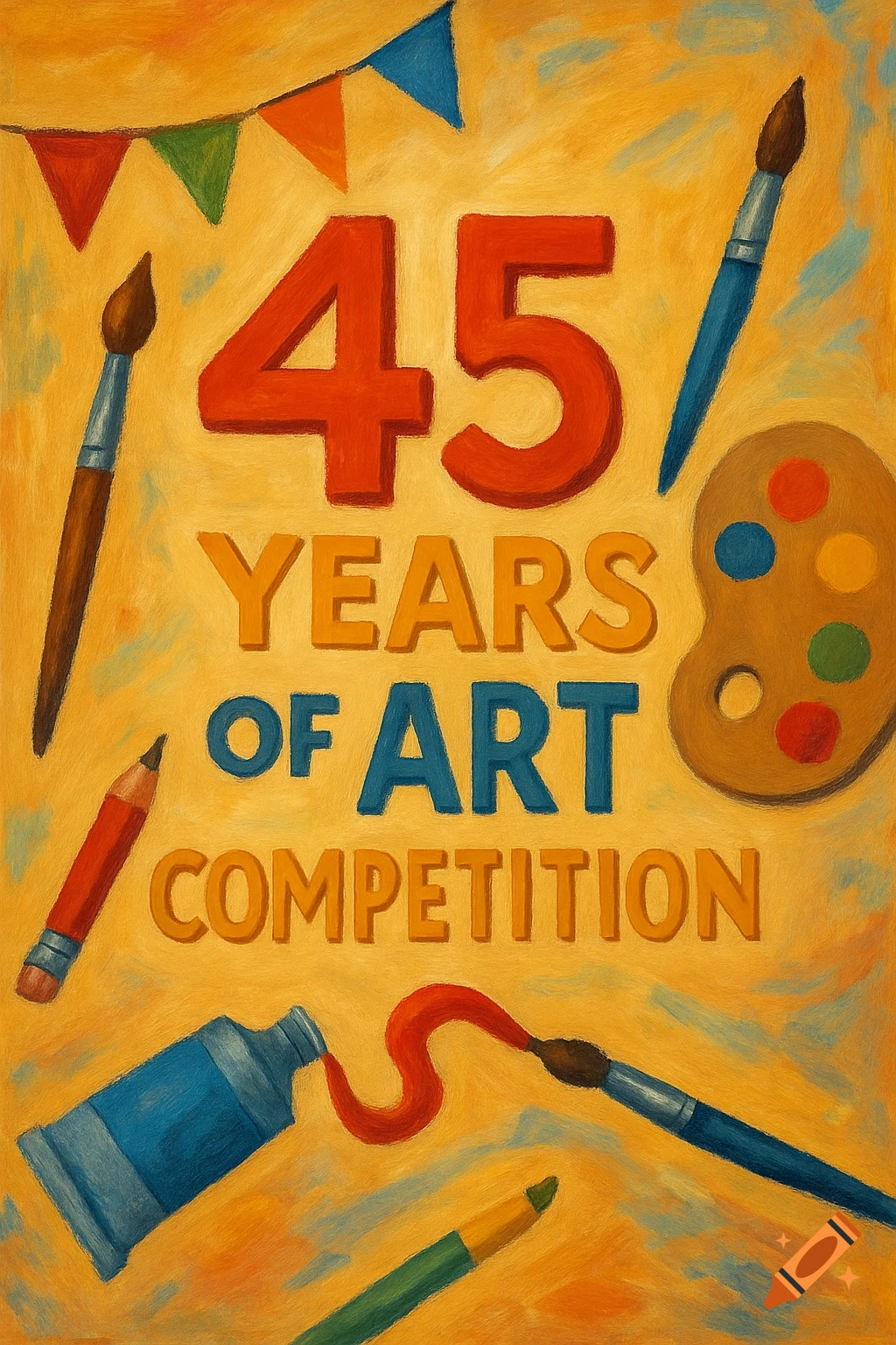 Celebrating 45 years of an art competition with brushes, a palette, and a celebratory banner.