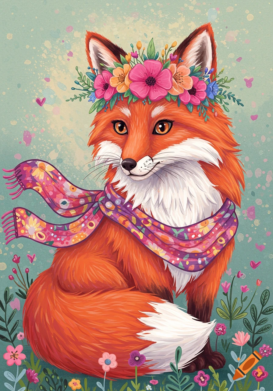 An illustration of a red fox wearing a flower crown and scarf, sitting among flowers.