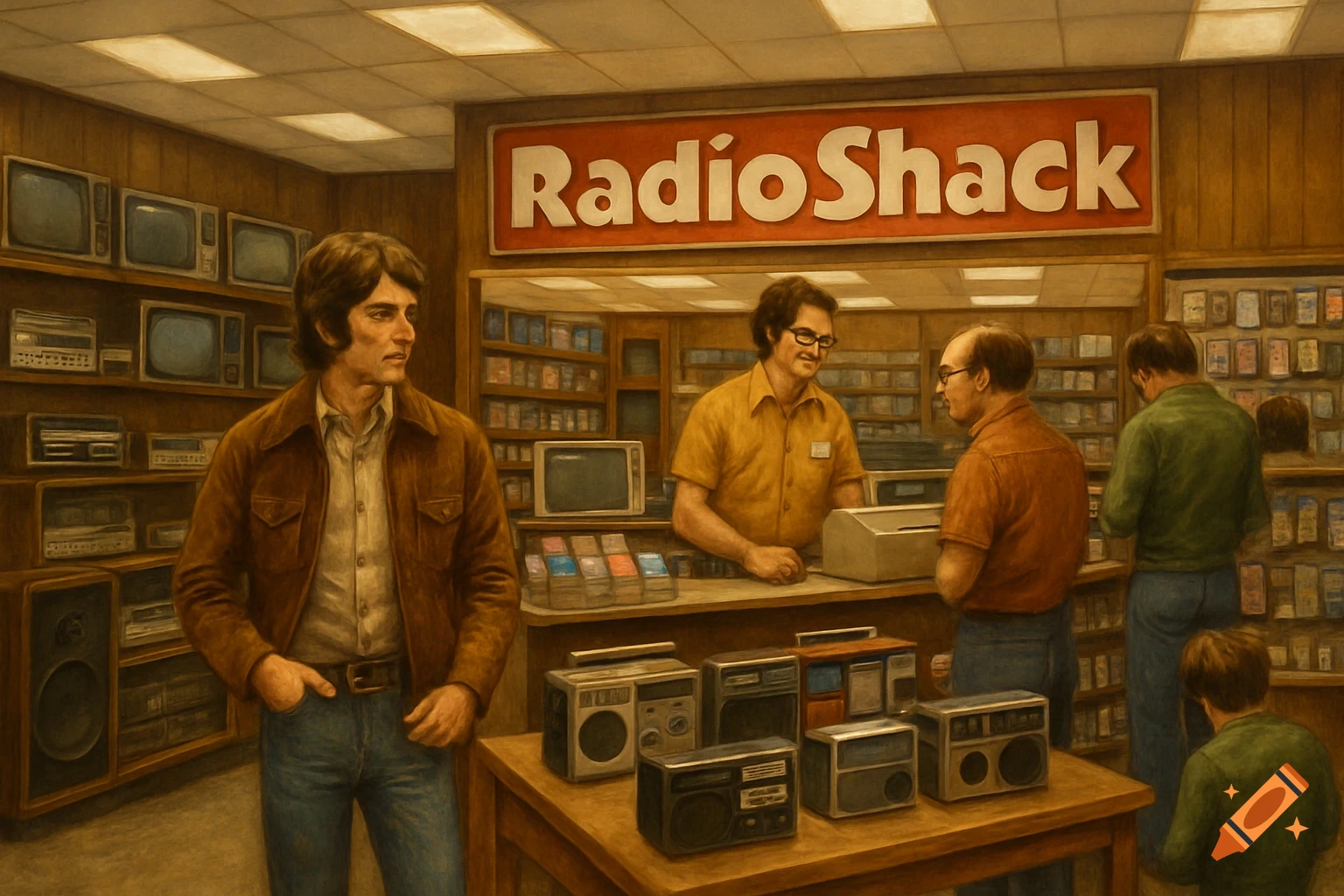 Painting of people inside a 1970s Radio Shack store.