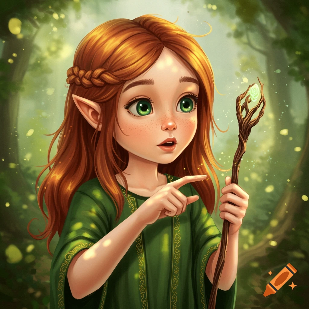 A young elven girl with red hair is pointing while holding a glowing wand in a forest.