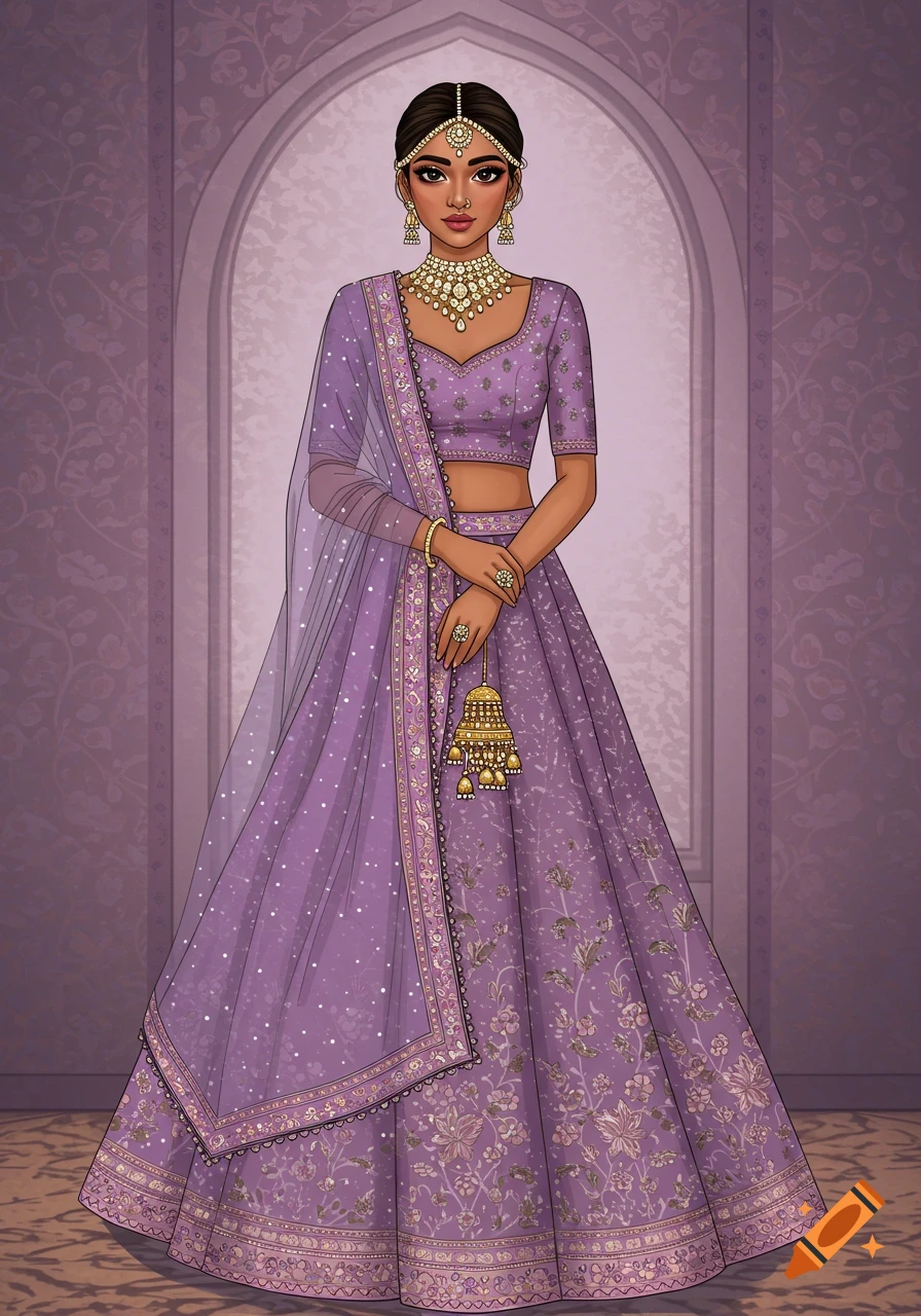 Illustration of a woman in a purple Indian lehenga and traditional jewellery.