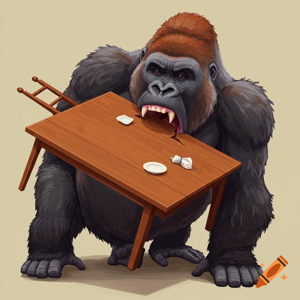 A large gorilla biting a wooden table with plates.
