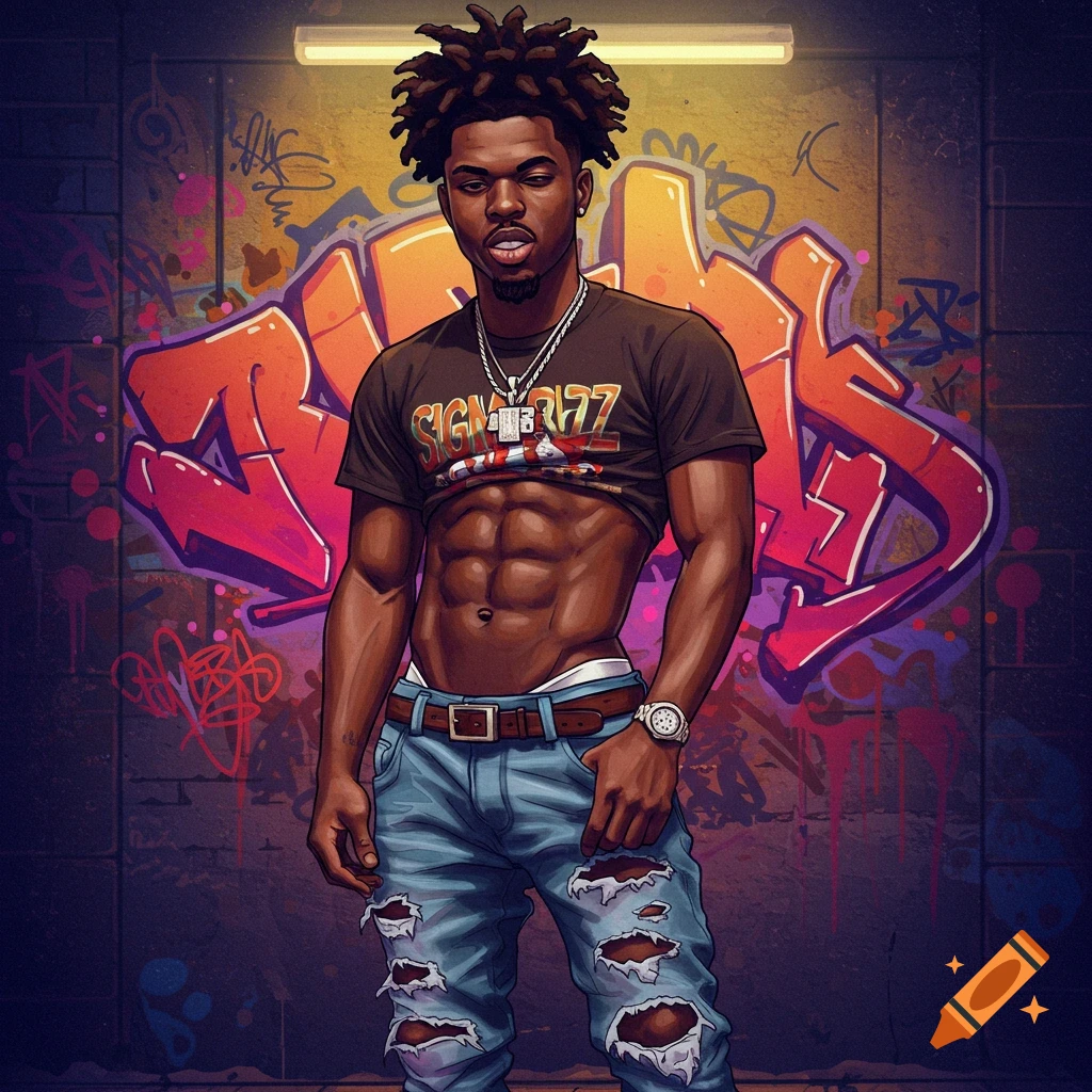 A young man in streetwear poses in front of a graffiti wall.