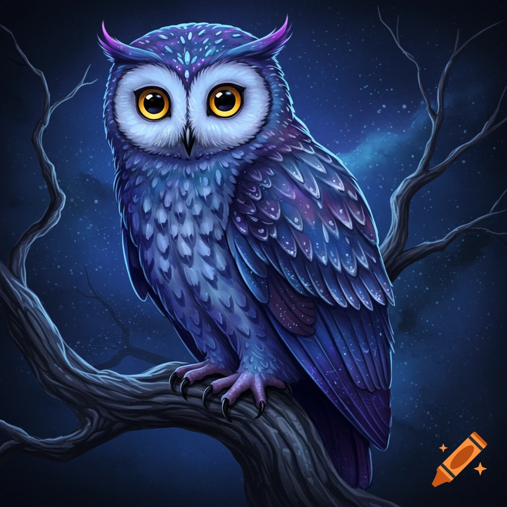 A vibrant, mystical owl with purple and blue feathers sits on a dark tree branch against a starry night sky.