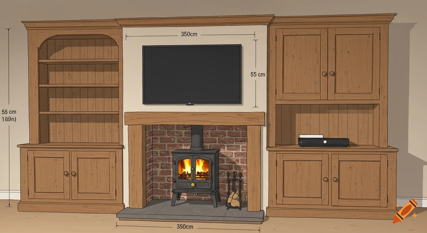 Digital painting of a media wall with wood cabinets, shelves, a central brick fireplace with a log burner, and a TV above it, showing dimensions.