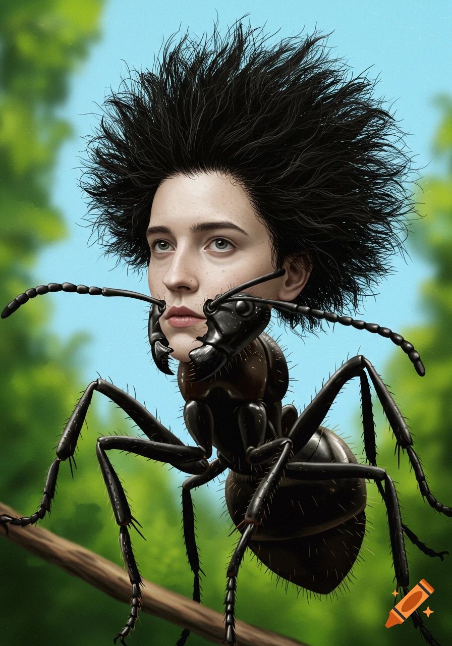 Surreal digital painting of a human head on a giant ant body.