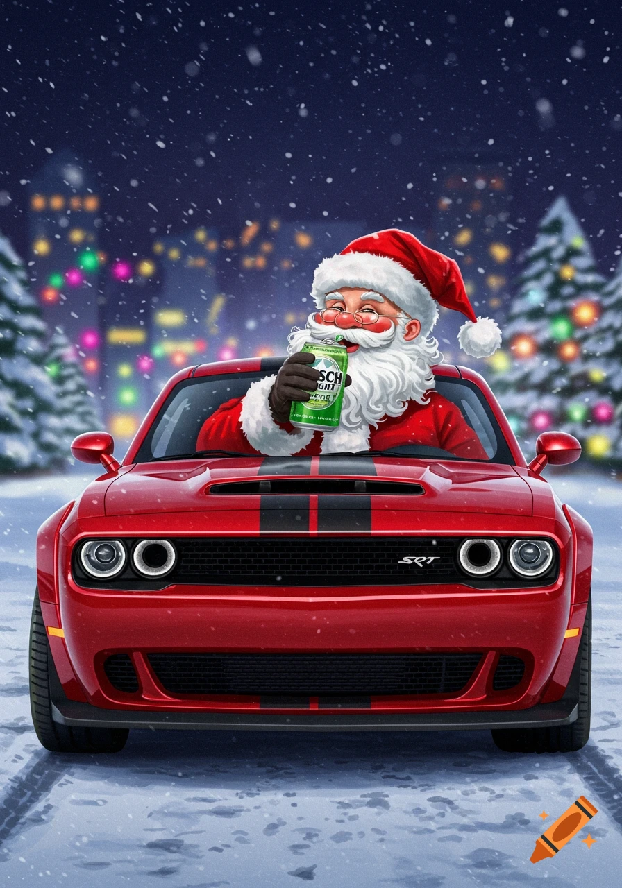 Santa Claus drinking from a can while driving a red car in the snow at night.