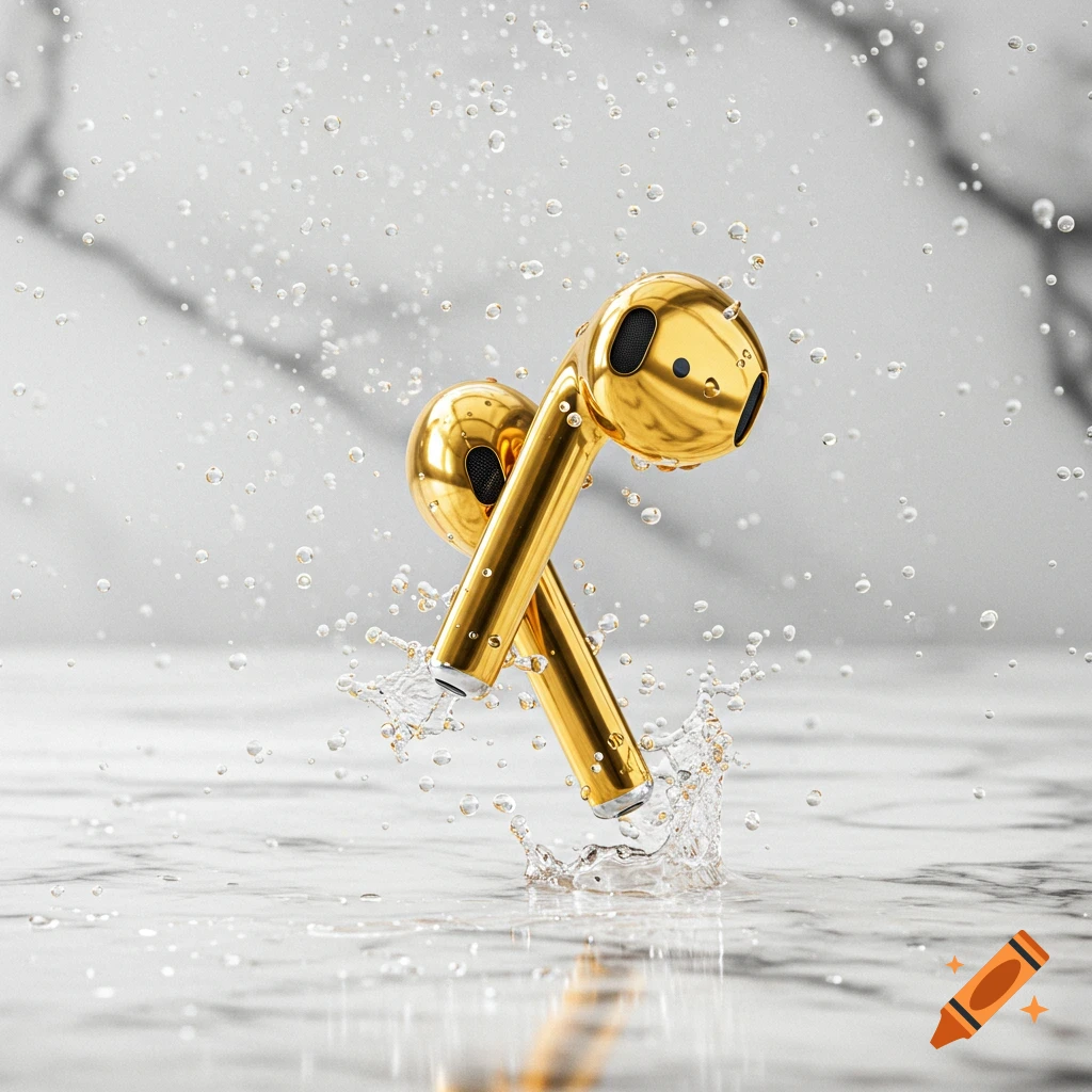 Golden wireless earbuds splashing into water on a marble surface