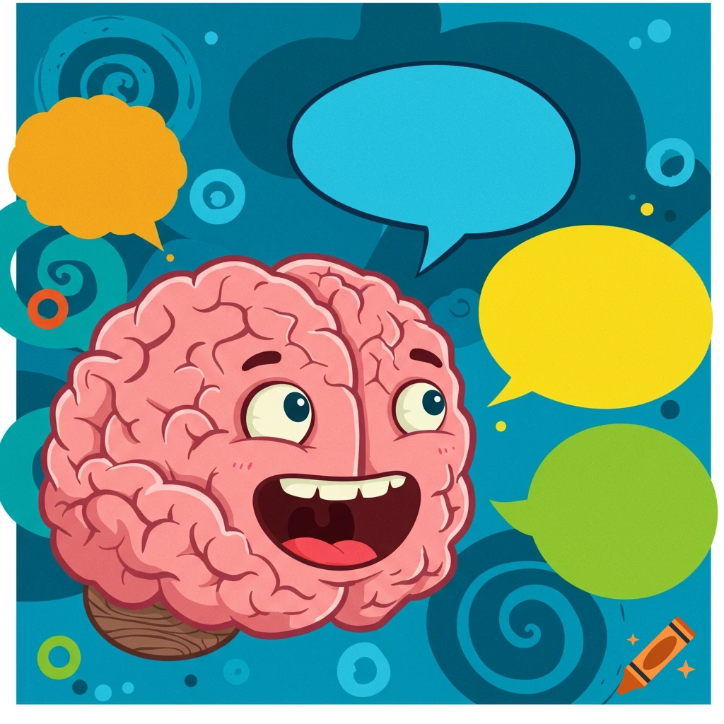 Cartoon brain smiling surrounded by orange, blue, yellow, and green speech bubbles on a blue background.