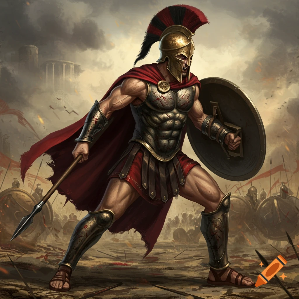 A muscular Spartan warrior with a red cape and bronze armor holds a spear and shield in battle.