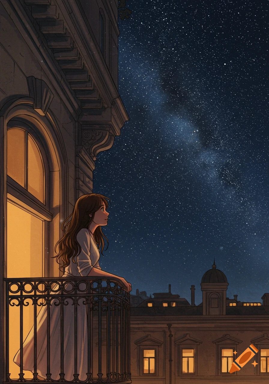 An anime illustration of a woman on a balcony looking at the starry night sky over a city.