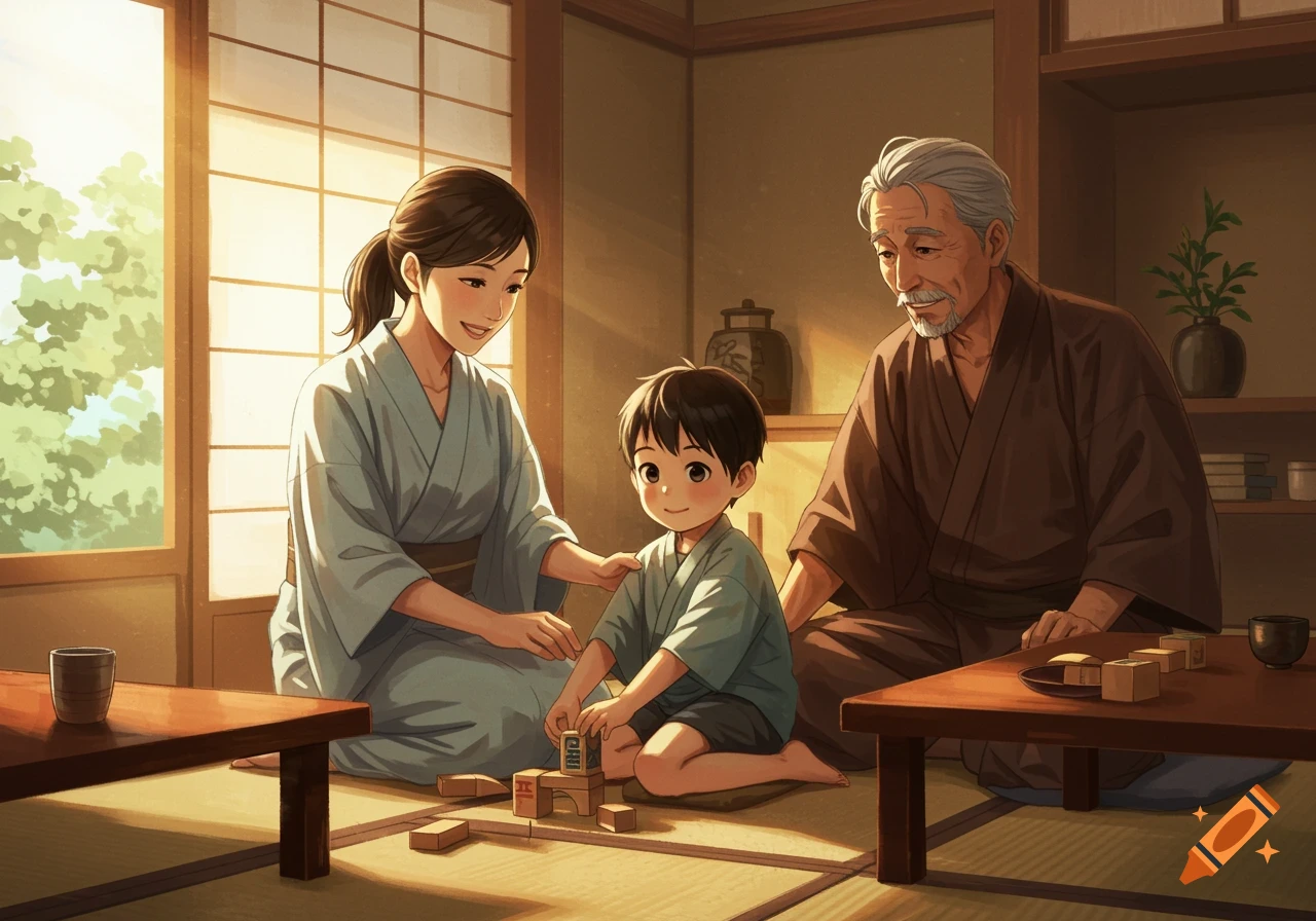 Family playing with blocks in a traditional Japanese room.