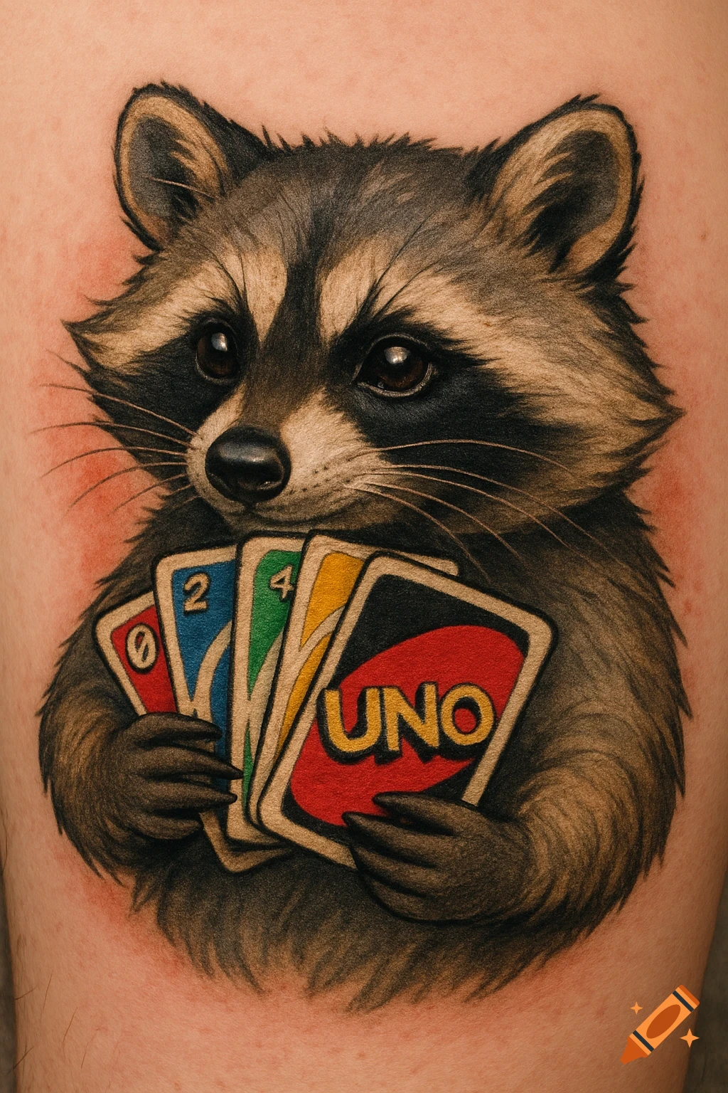A raccoon holding a hand of UNO cards.