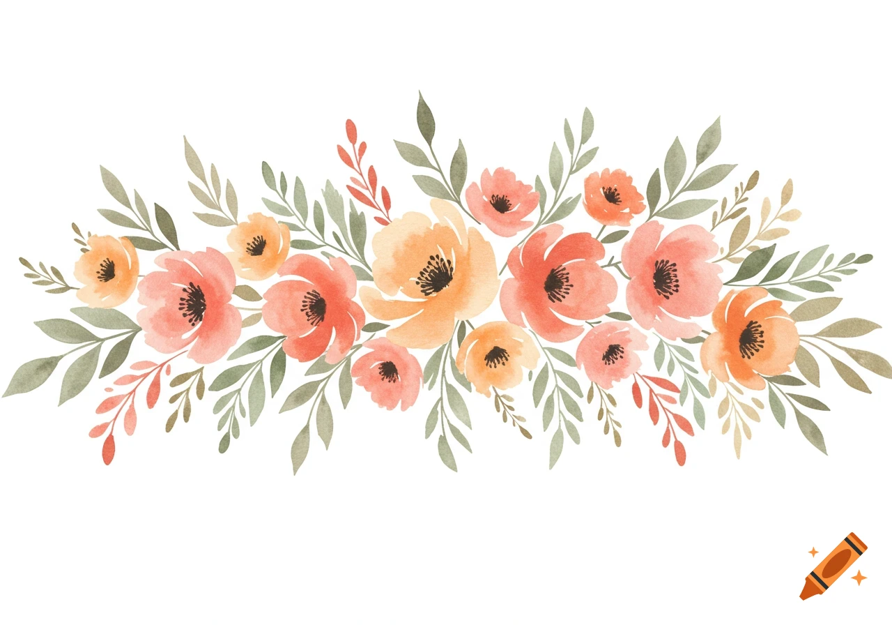 Watercolor floral arrangement with pink, peach, orange, and yellow flowers and green leaves.
