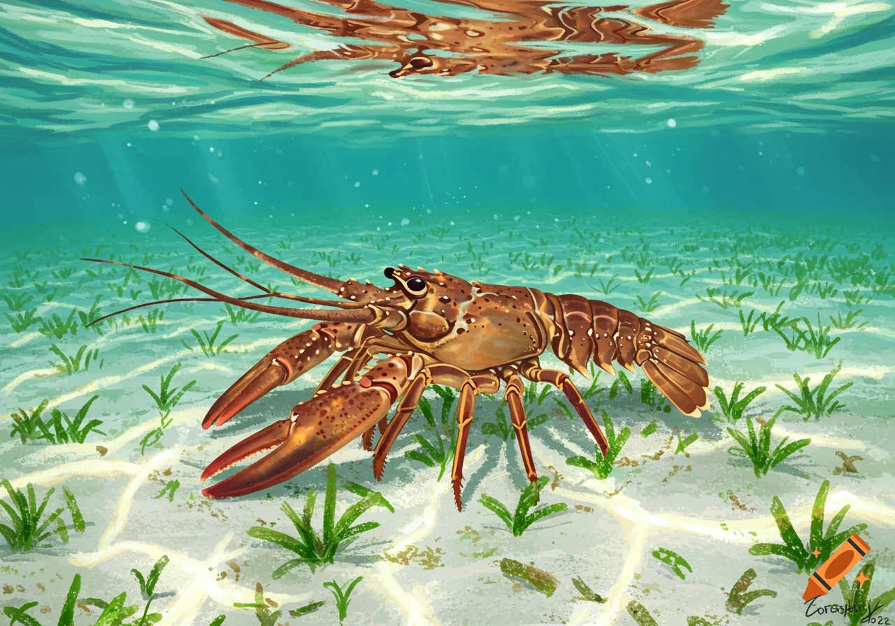 A Florida spiny lobster rests on a sandy seabed among seagrass, bathed in sun rays filtering through the surface.